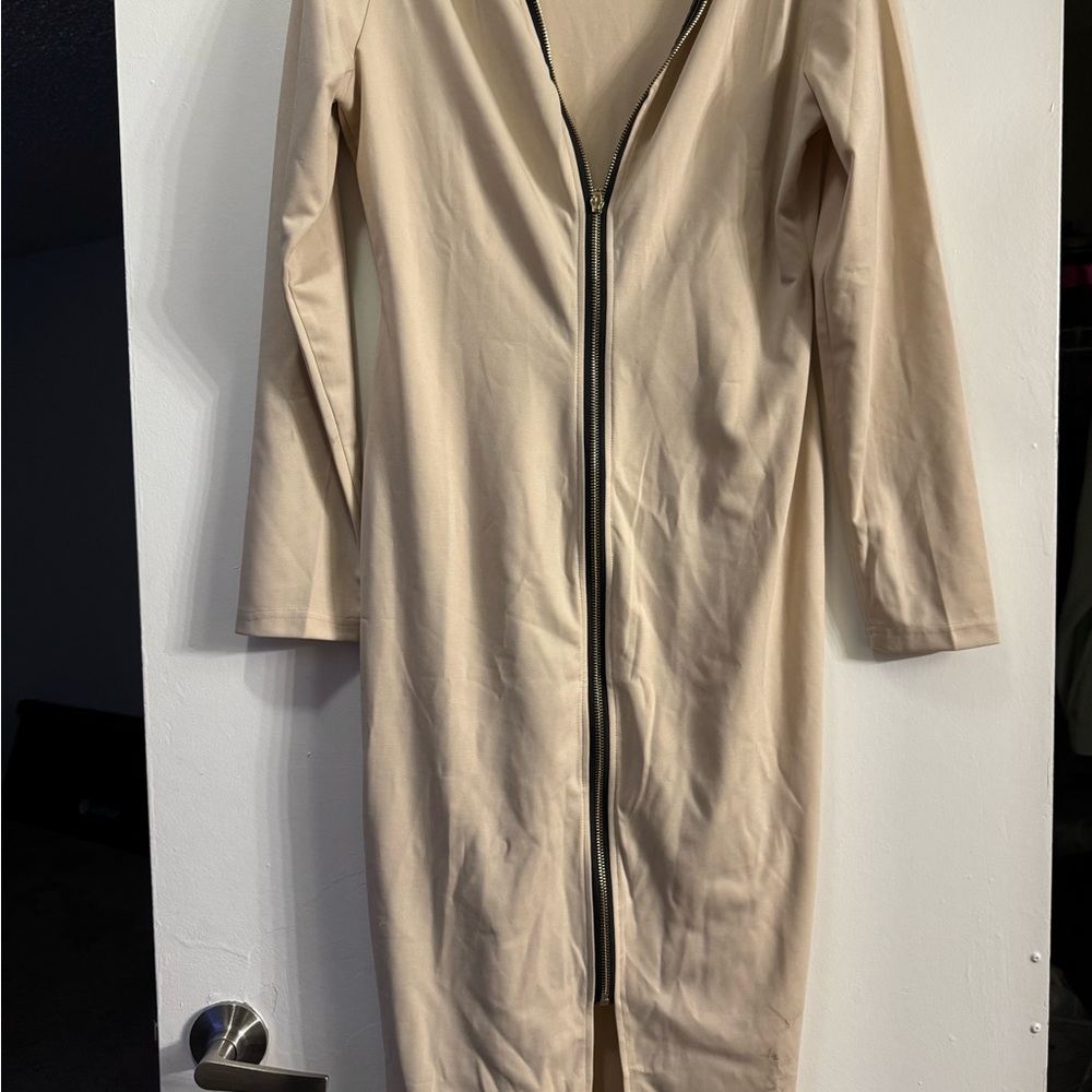 Beige Long Sleeve Zip-Up Dress